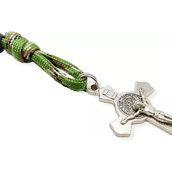 Christianartworkshop St. Benedict Medal & Crucifix of 10 mm Round Black Wood Green Paracord Pocket Rosary