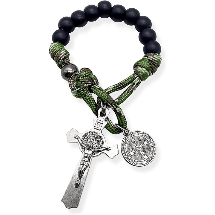 Christianartworkshop St. Benedict Medal & Crucifix of 10 mm Round Black Wood Green Paracord Pocket Rosary