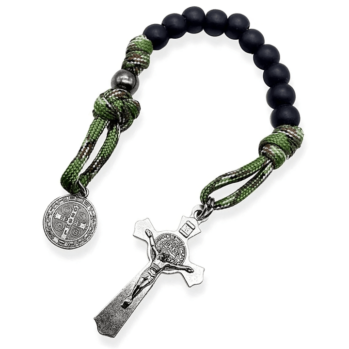 Christianartworkshop St. Benedict Medal & Crucifix of 10 mm Round Black Wood Green Paracord Pocket Rosary