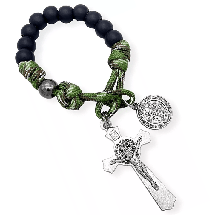 Christianartworkshop St. Benedict Medal & Crucifix of 10 mm Round Black Wood Green Paracord Pocket Rosary