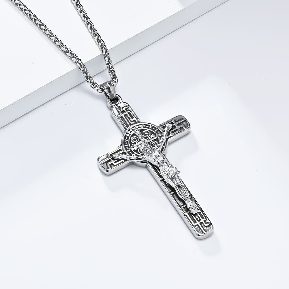 Christianartworkshop Classic Retro Style Crucifix St. Benedict Medal Protection Pendant Necklace