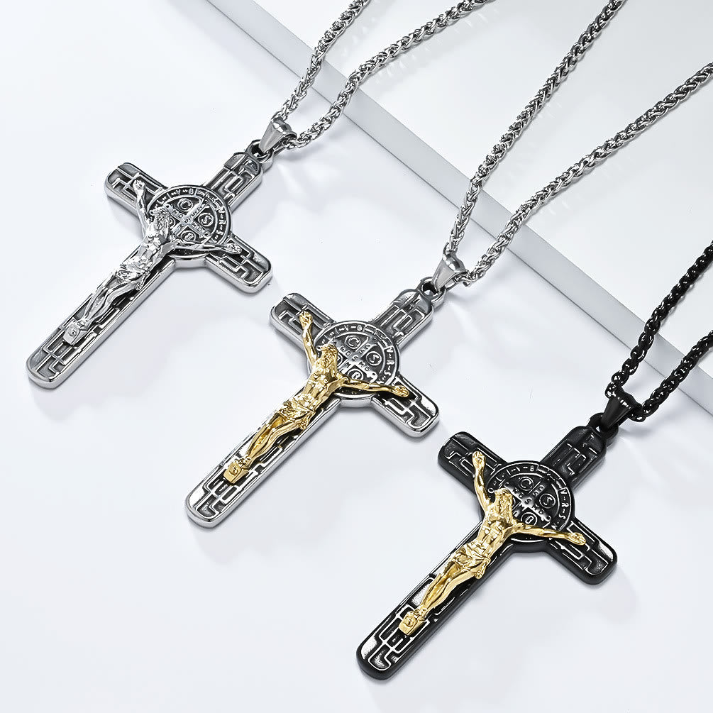 Christianartworkshop Classic Retro Style Crucifix St. Benedict Medal Protection Pendant Necklace