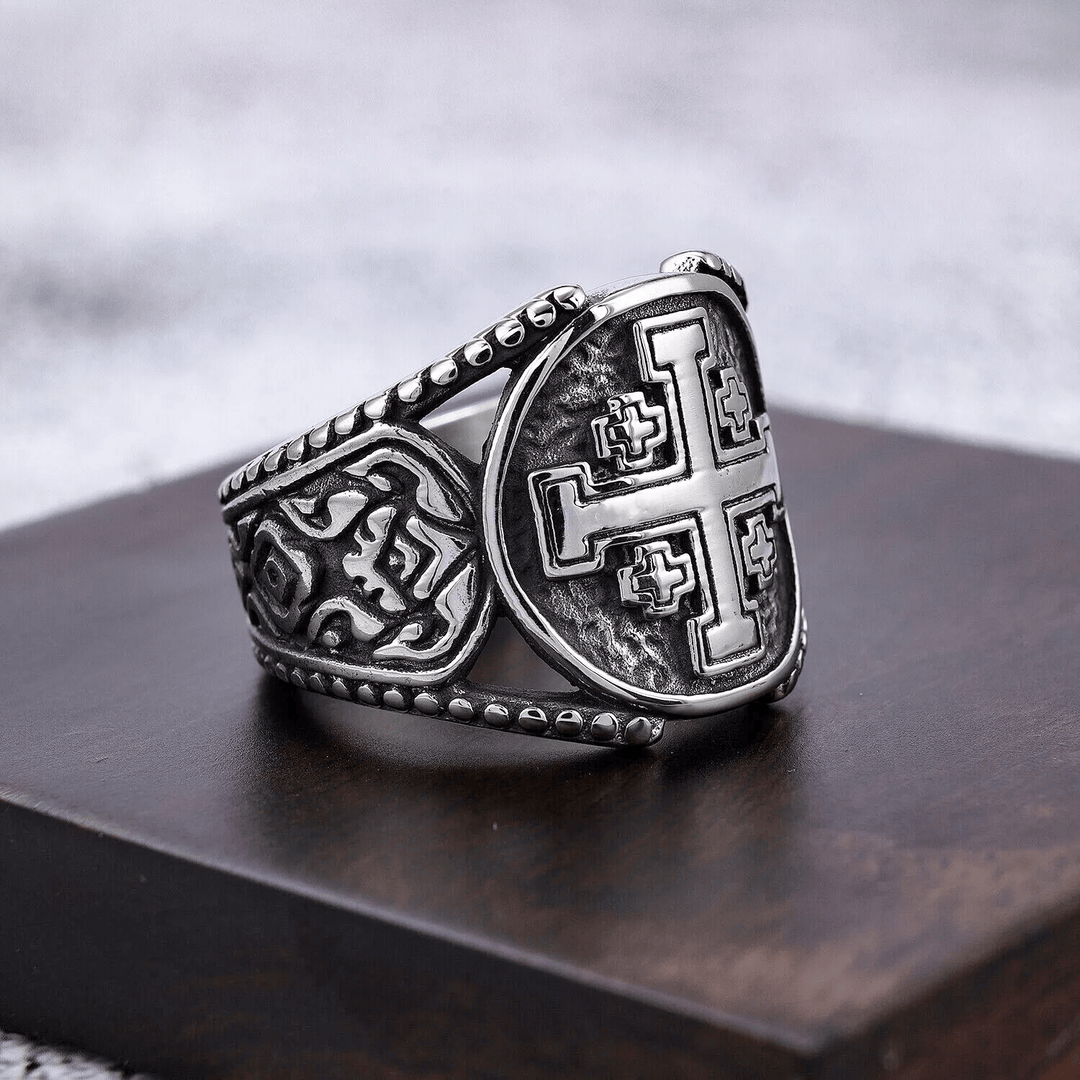 Christianartworkshop Classic Style Old Craft Jerusalem Cross Symbol Alloy Ring