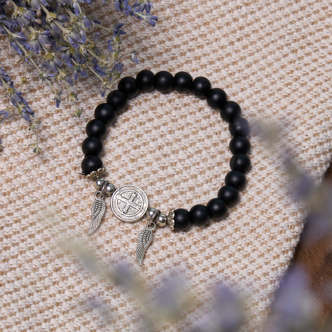 Christianartworkshop Ebony Beads St. Benedict Medal & Angel Wings Protection Bracelet