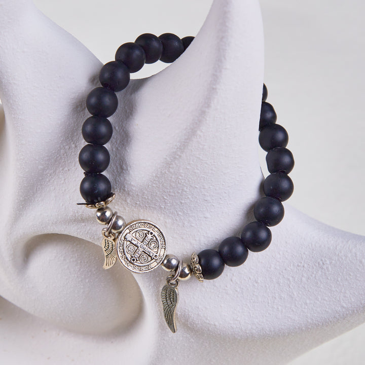 Christianartworkshop Ebony Beads St. Benedict Medal & Angel Wings Protection Bracelet