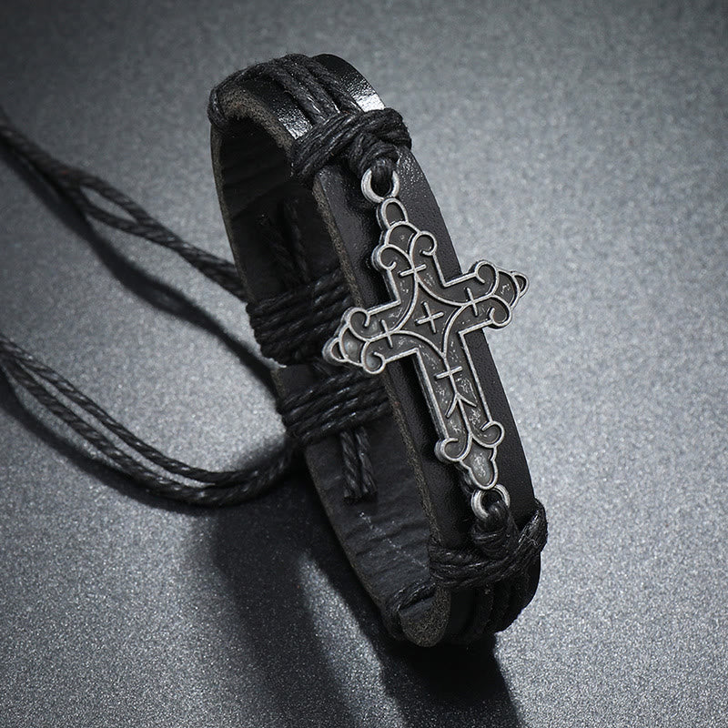 Christianartworkshop Old Crafted Style Cross Pendant Leather Drawstring Adjustable Faithful Bound Bracelet