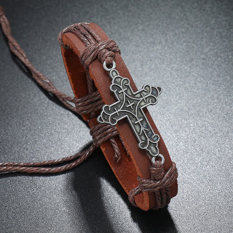 Discount Today: Christianartworkshop Old Crafted Style Cross Pendant Leather Drawstring Adjustable Faithful Bound Bracelet