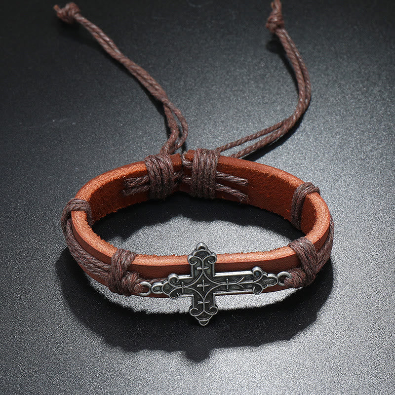 Christianartworkshop Old Crafted Style Cross Pendant Leather Drawstring Adjustable Faithful Bound Bracelet