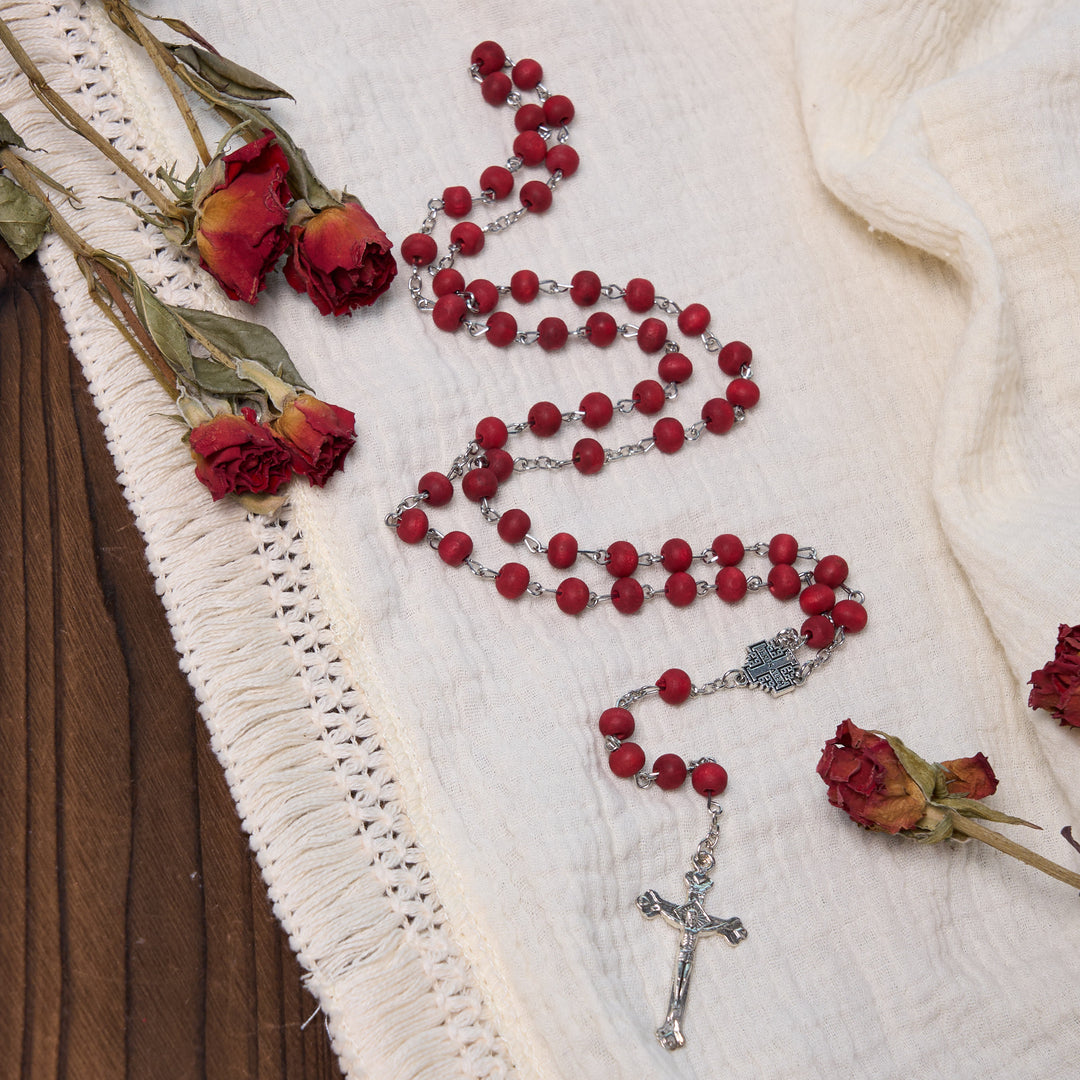 FREE Today: Jerusalem Medal & Crucifix of 7 mm Round White Rosewood Alloy Chain Rosary