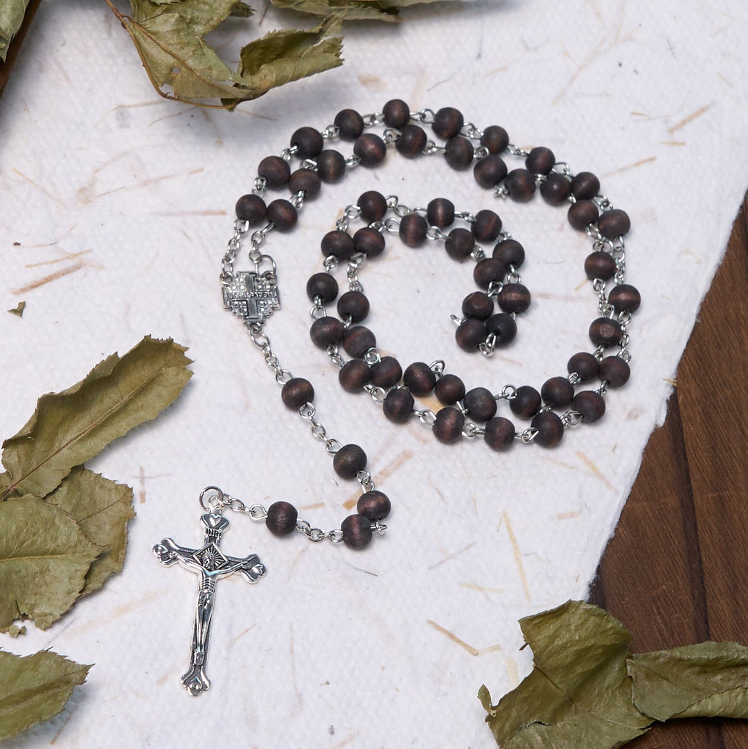 Christianartworkshop Jerusalem Medal & Crucifix of 7 mm Round White Rosewood Alloy Chain Rosary