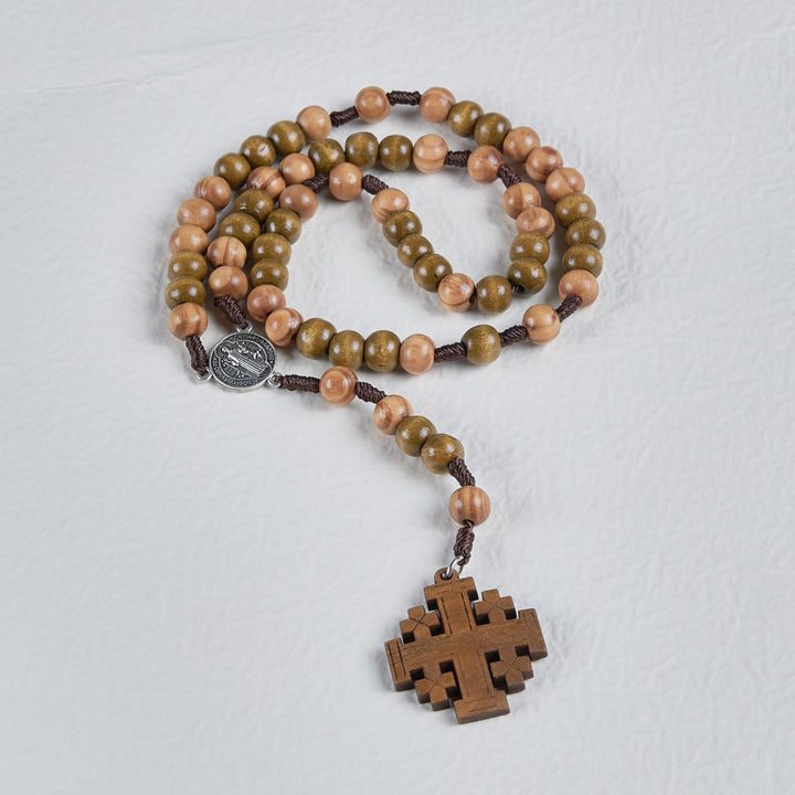 Christianartworkshop St. Benedict Medal & Jerusalem of 10 mm Round Brown Wood Nylon Cord Rosary