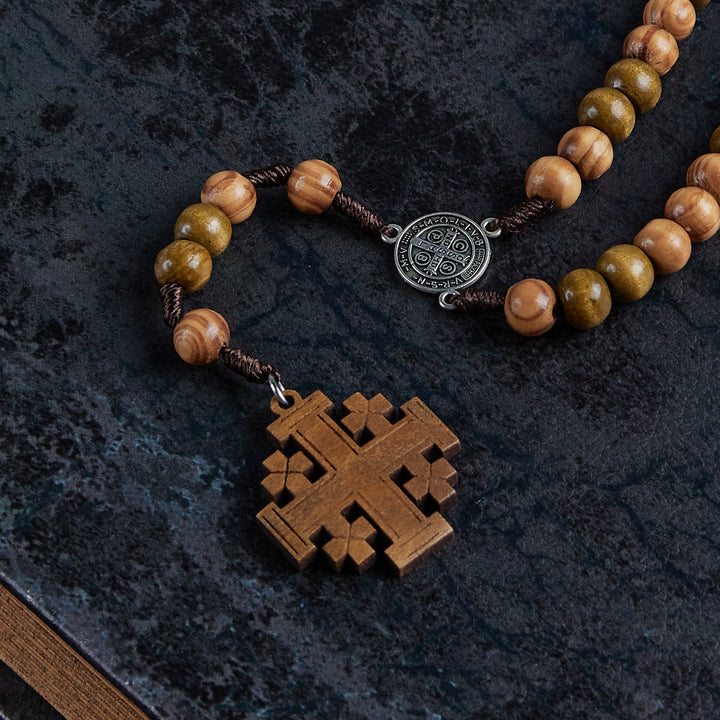 Christianartworkshop St. Benedict Medal & Jerusalem of 10 mm Round Brown Wood Nylon Cord Rosary