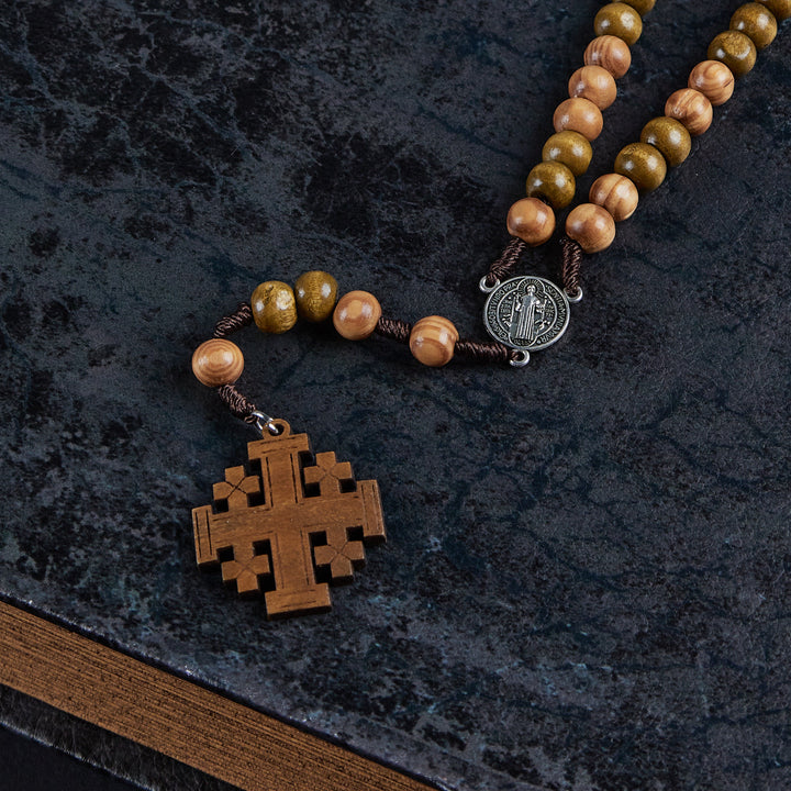 Christianartworkshop St. Benedict Medal & Jerusalem of 10 mm Round Brown Wood Nylon Cord Rosary