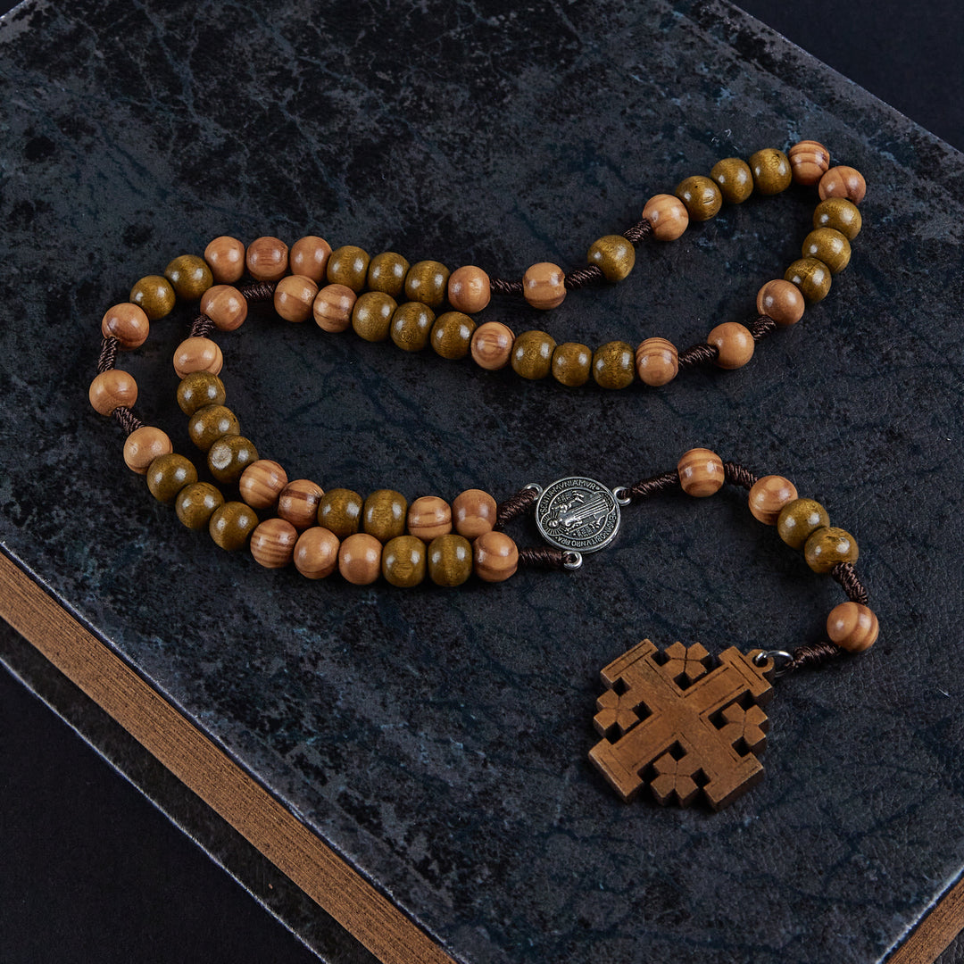 Christianartworkshop St. Benedict Medal & Jerusalem of 10 mm Round Brown Wood Nylon Cord Rosary