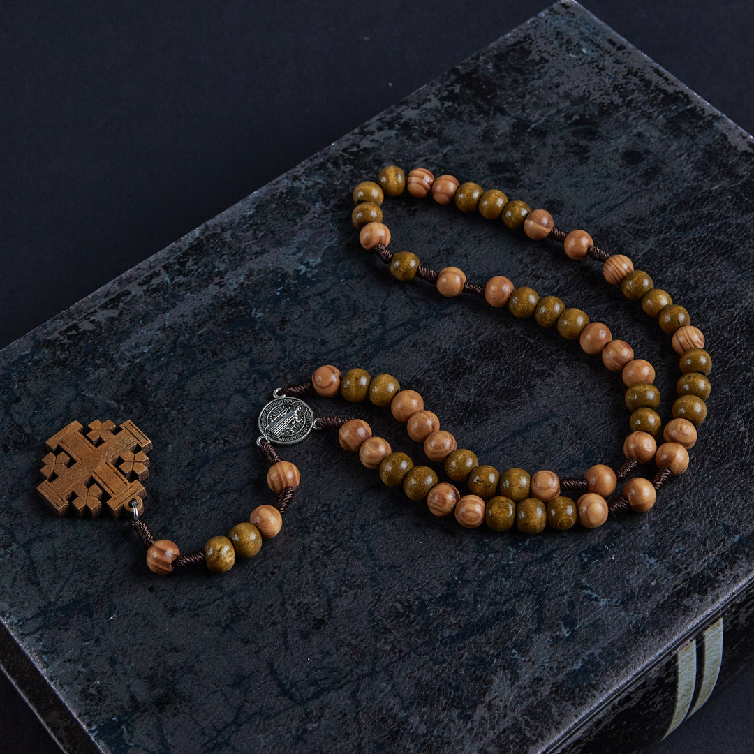 Christianartworkshop St. Benedict Medal & Jerusalem of 10 mm Round Brown Wood Nylon Cord Rosary