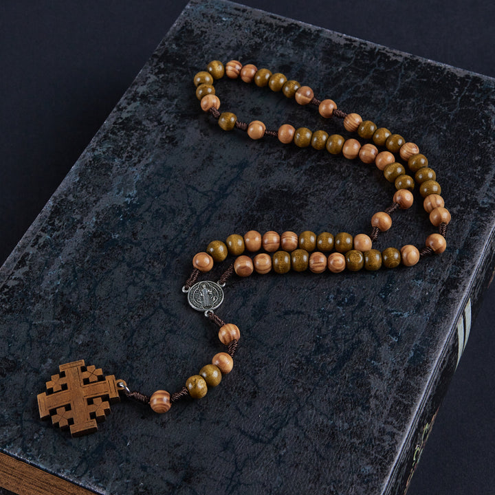 Christianartworkshop St. Benedict Medal & Jerusalem of 10 mm Round Brown Wood Nylon Cord Rosary