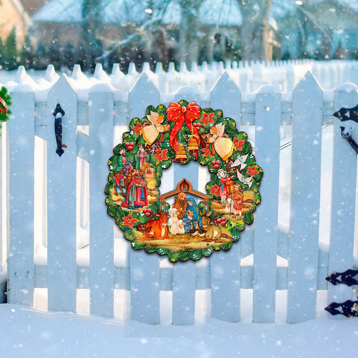 Christianartworkshop Colored Style Nativity Scene Angels Bells Wreath Christmas Nativity Hanging Ornaments