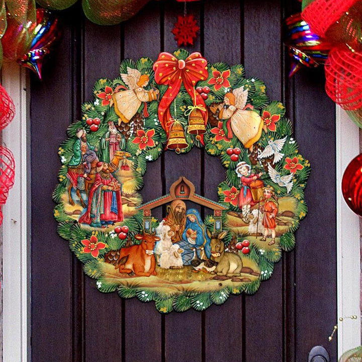 Christianartworkshop Colored Style Nativity Scene Angels Bells Wreath Christmas Nativity Hanging Ornaments