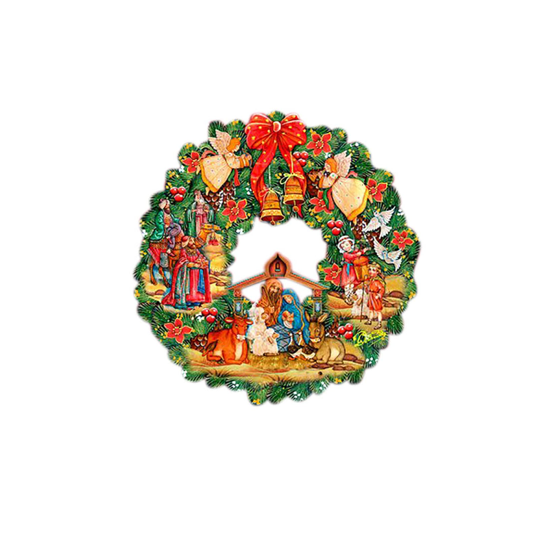 Christianartworkshop Colored Style Nativity Scene Angels Bells Wreath Christmas Nativity Hanging Ornaments