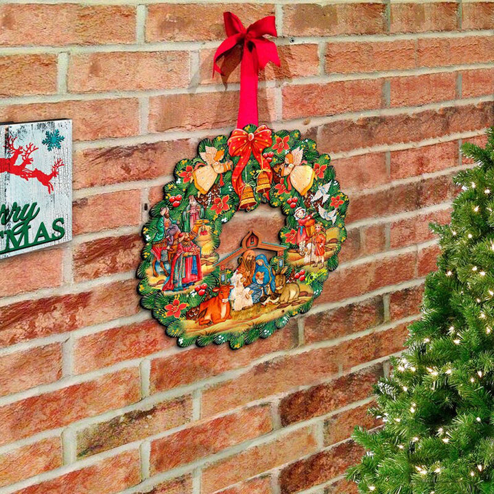 Christianartworkshop Colored Style Nativity Scene Angels Bells Wreath Christmas Nativity Hanging Ornaments