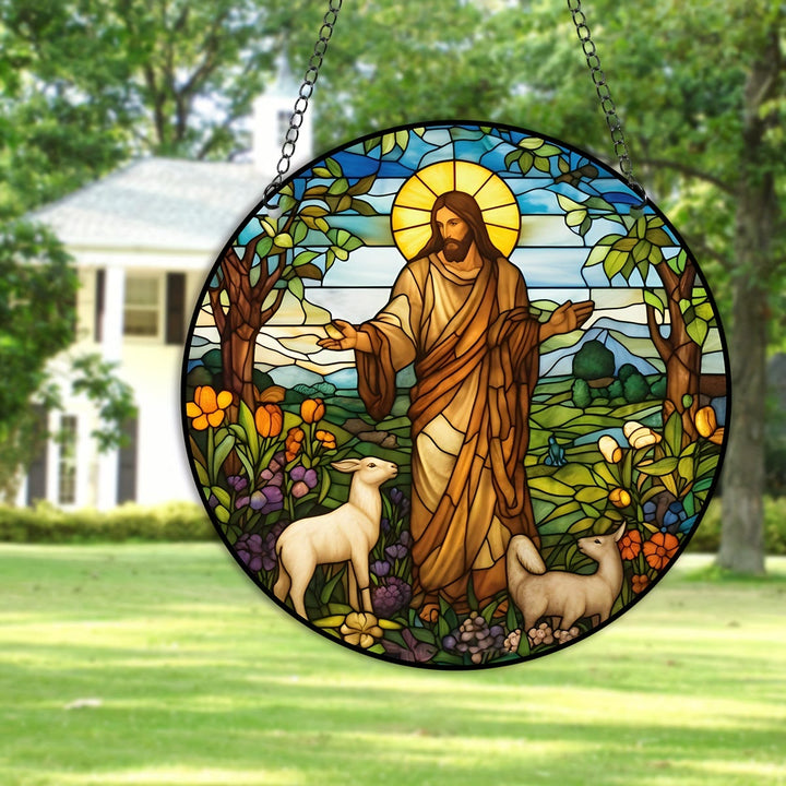 Christianartworkshop Stained Glass Colored Style Jesus The Good Shepherd Christmas Hanging Ornaments