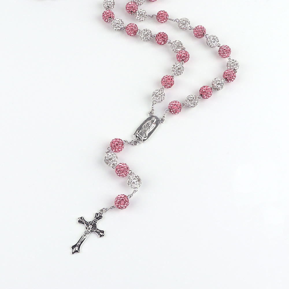 Christianartworkshop Our Lady of Guadalupe & Crucifix of 10 mm Round Pink White Polymer Clay Alloy Chain Rosary