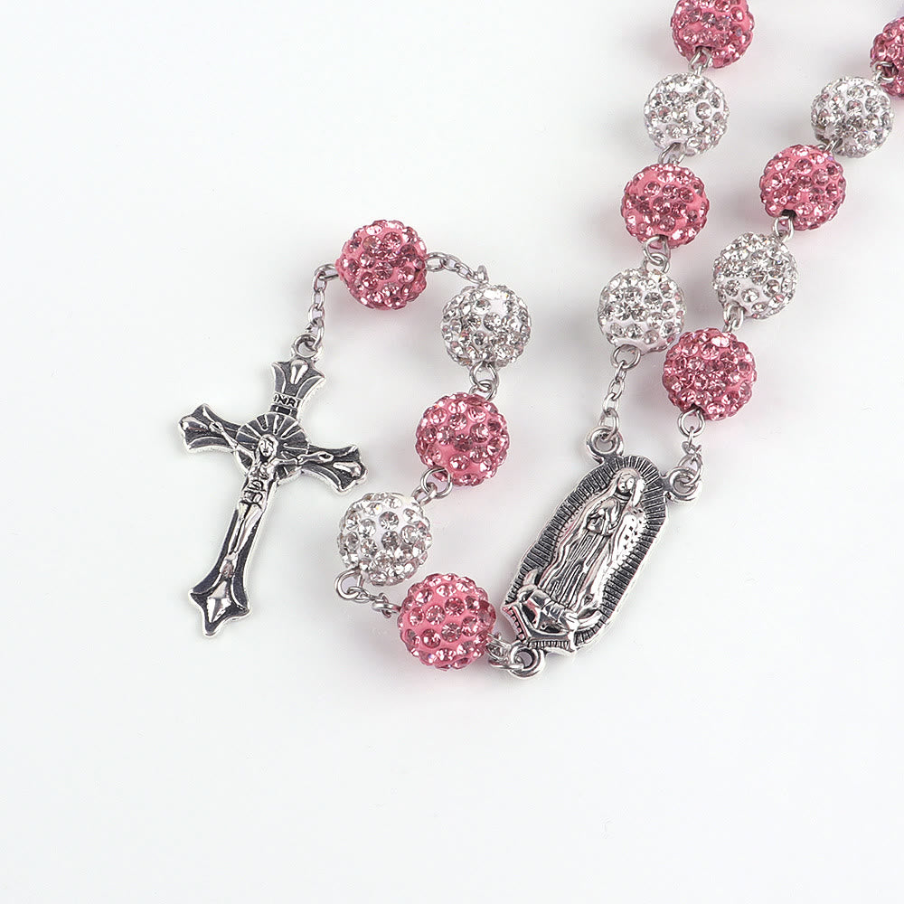 Christianartworkshop Our Lady of Guadalupe & Crucifix of 10 mm Round Pink White Polymer Clay Alloy Chain Rosary