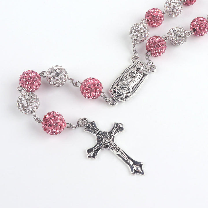 Christianartworkshop Our Lady of Guadalupe & Crucifix of 10 mm Round Pink White Polymer Clay Alloy Chain Rosary