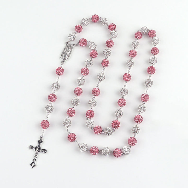 Christianartworkshop Our Lady of Guadalupe & Crucifix of 10 mm Round Pink White Polymer Clay Alloy Chain Rosary