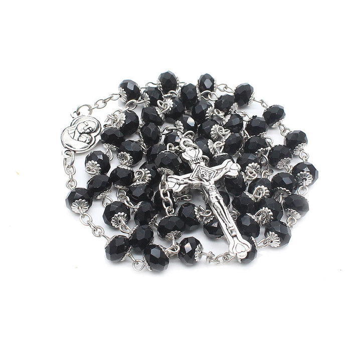 Christianartworkshop Madonna and Child & Crucifix of 6*8 mm Polyhedron Multicolor Glass Alloy Chain Rosary - Black - image 0
