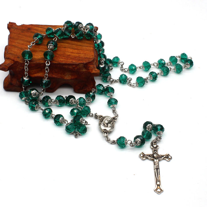 Christianartworkshop Madonna and Child & Crucifix of 6*8 mm Polyhedron Multicolor Glass Alloy Chain Rosary