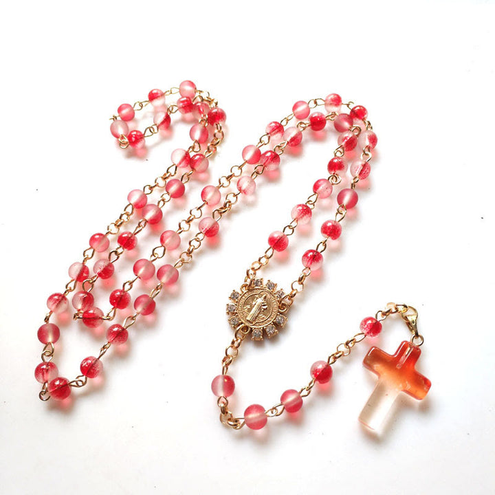 Christianartworkshop St. Benedict Medal & Cross of 6 mm Round Red Glass Alloy Chain Rosary