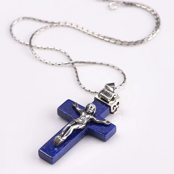 Christianartworkshop Classic Style Crafted 925 Sterling Silver Lapis Lazuli Crucifix Pendant Necklace