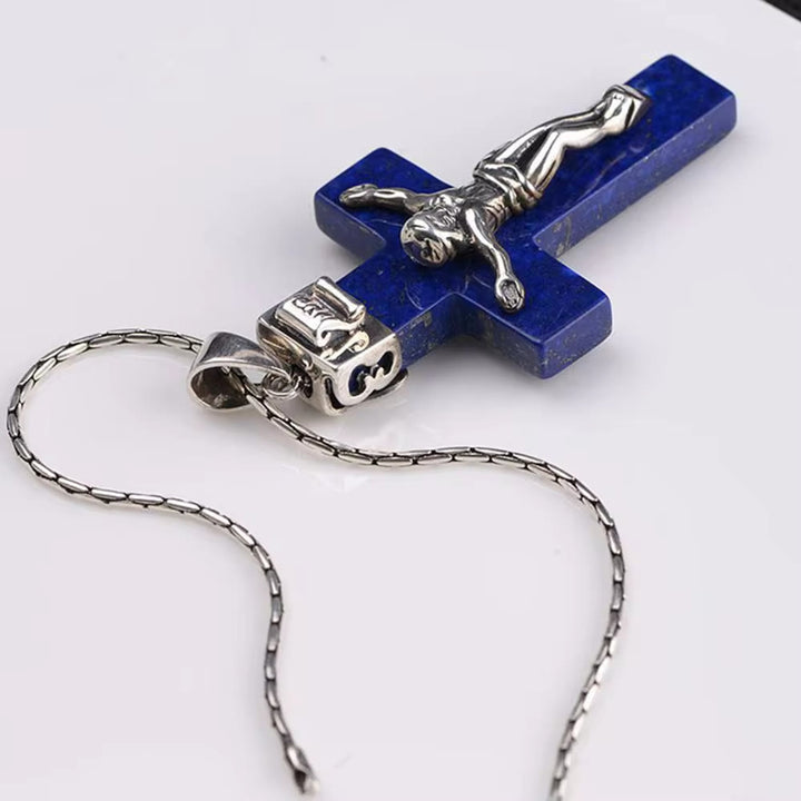 Christianartworkshop Classic Style Crafted 925 Sterling Silver Lapis Lazuli Crucifix Pendant Necklace