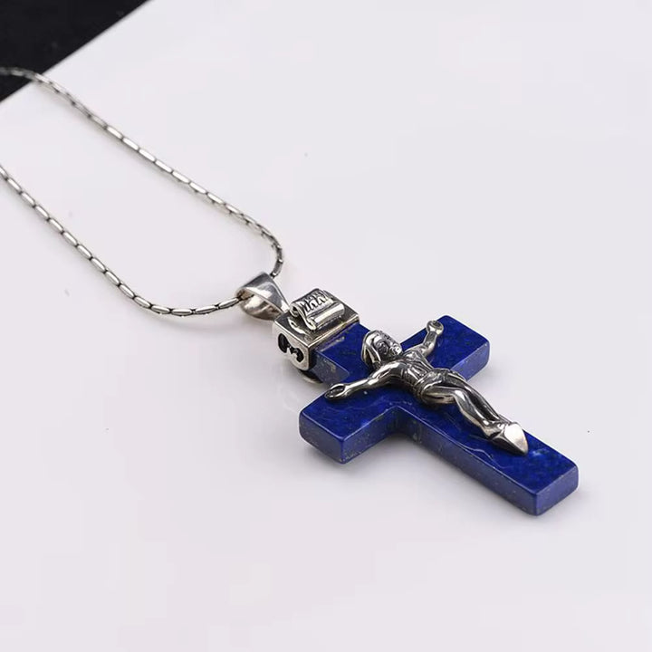 Christianartworkshop Classic Style Crafted 925 Sterling Silver Lapis Lazuli Crucifix Pendant Necklace