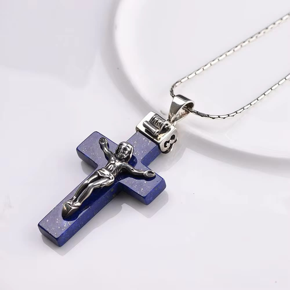 Christianartworkshop Classic Style Crafted 925 Sterling Silver Lapis Lazuli Crucifix Pendant Necklace