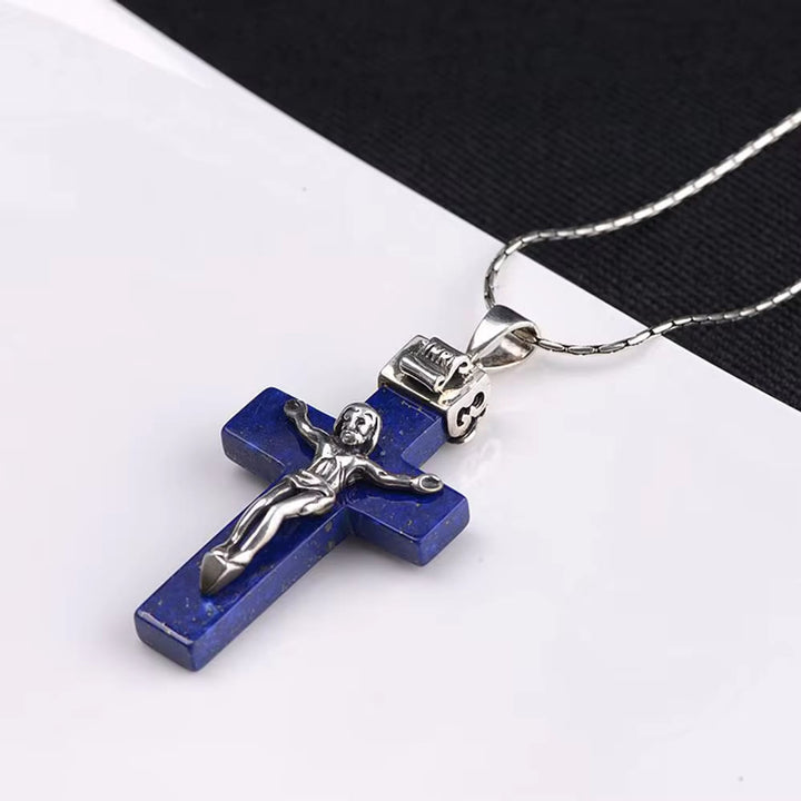 Christianartworkshop Classic Style Crafted 925 Sterling Silver Lapis Lazuli Crucifix Pendant Necklace