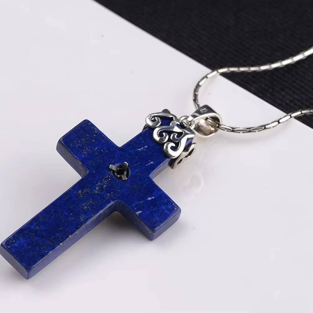 Christianartworkshop Classic Style Crafted 925 Sterling Silver Lapis Lazuli Crucifix Pendant Necklace