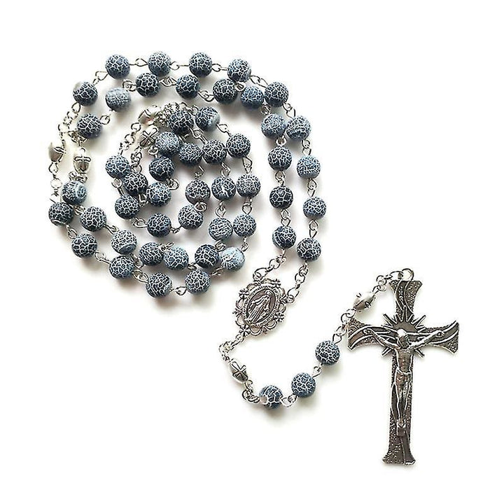 Christianartworkshop Miraculous Medal & Crucifix of 8 mm Round Blue Weathered Agate Alloy Chain Rosary