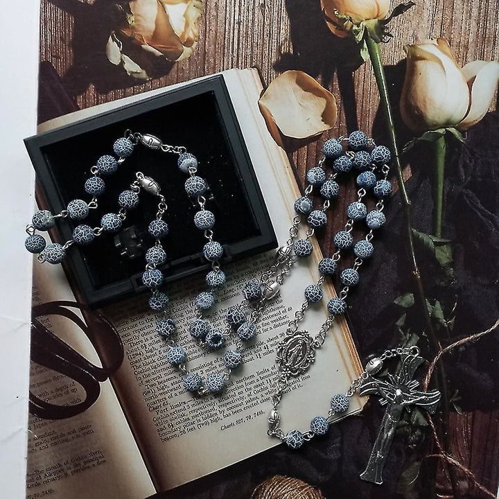 Christianartworkshop Miraculous Medal & Crucifix of 8 mm Round Blue Weathered Agate Alloy Chain Rosary