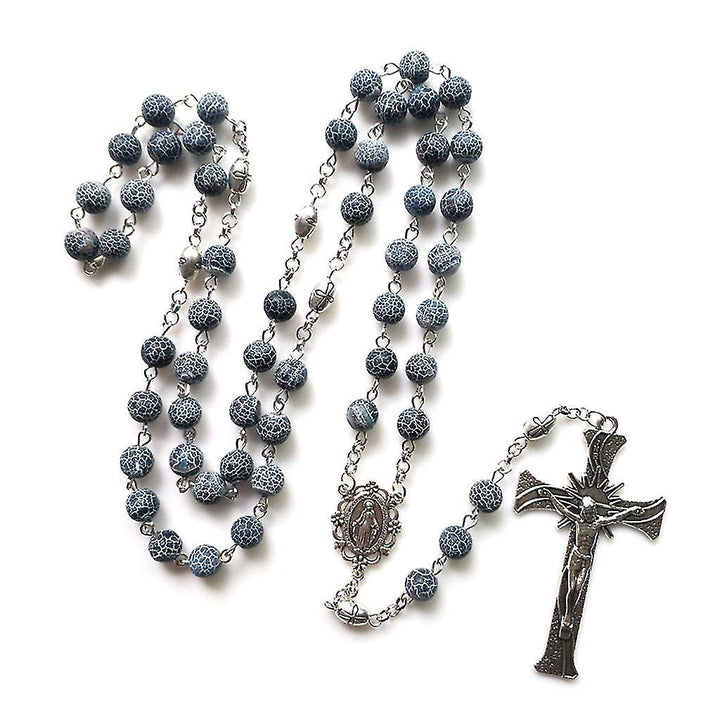 Christianartworkshop Miraculous Medal & Crucifix of 8 mm Round Blue Weathered Agate Alloy Chain Rosary