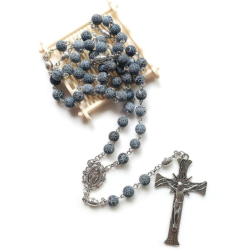 Christianartworkshop Miraculous Medal & Crucifix of 8 mm Round Blue Weathered Agate Alloy Chain Rosary