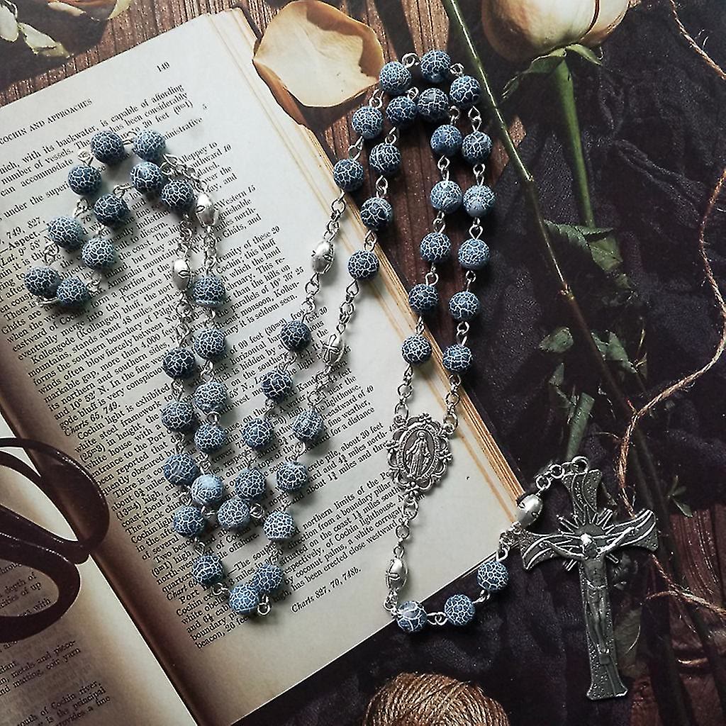 Christianartworkshop Miraculous Medal & Crucifix of 8 mm Round Blue Weathered Agate Alloy Chain Rosary