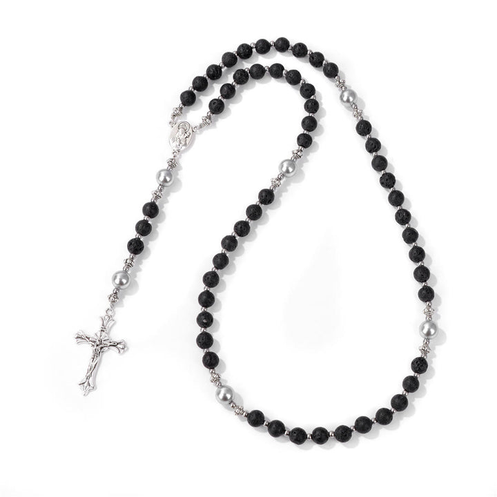 Christianartworkshop Natural Stone & Pearl Our Lady Medal Prayer Rosary - Volcanic Stone - image 19