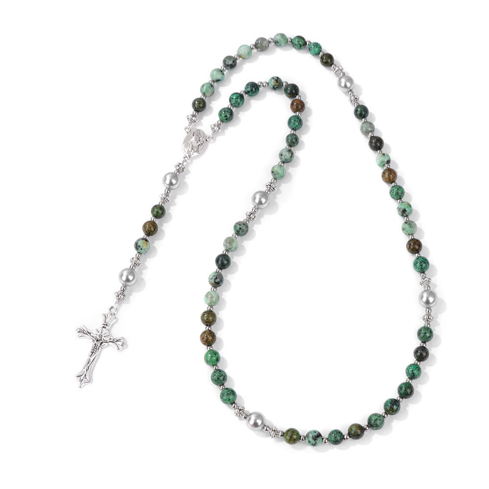 Christianartworkshop Natural Stone & Pearl Miraculous Medal Prayer Rosary