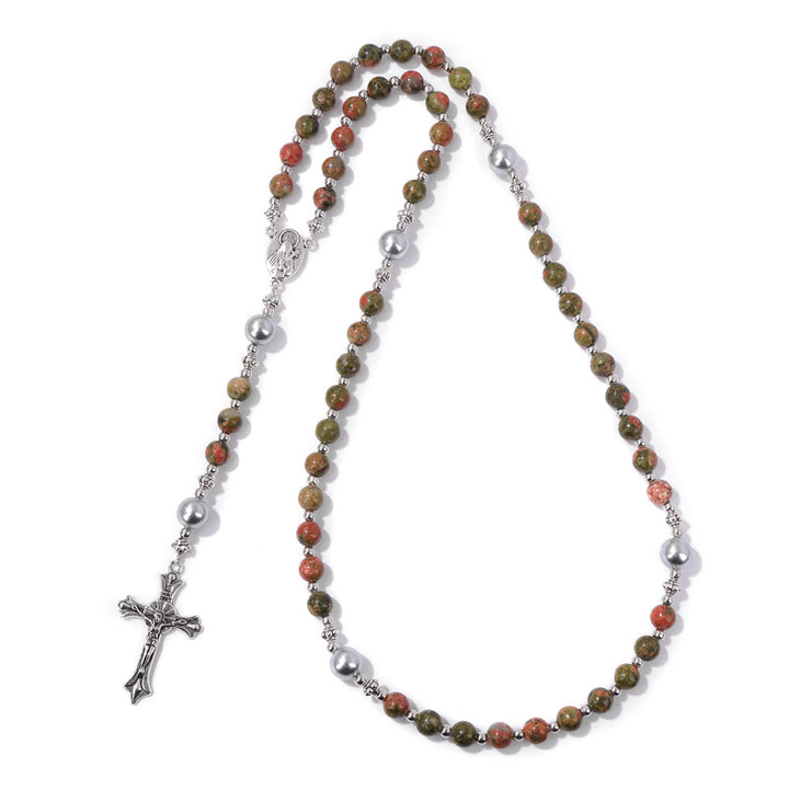 Christianartworkshop Natural Stone & Pearl Our Lady Medal Prayer Rosary - Flower Green - image 13