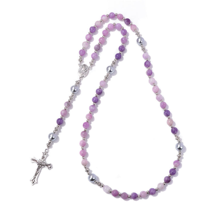 Christianartworkshop Natural Stone & Pearl Our Lady Medal Prayer Rosary - Purple Mica - image 8
