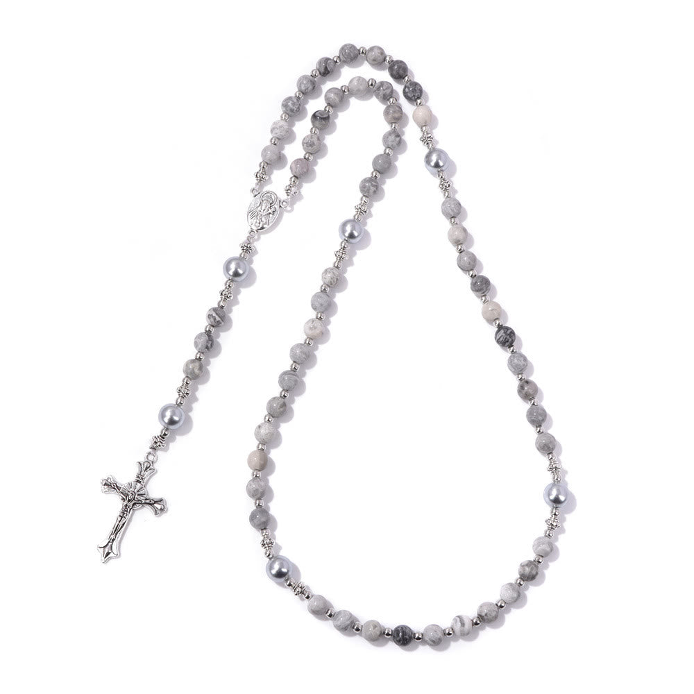 Christianartworkshop Natural Stone & Pearl Our Lady Medal Prayer Rosary - Map Stone - image 17