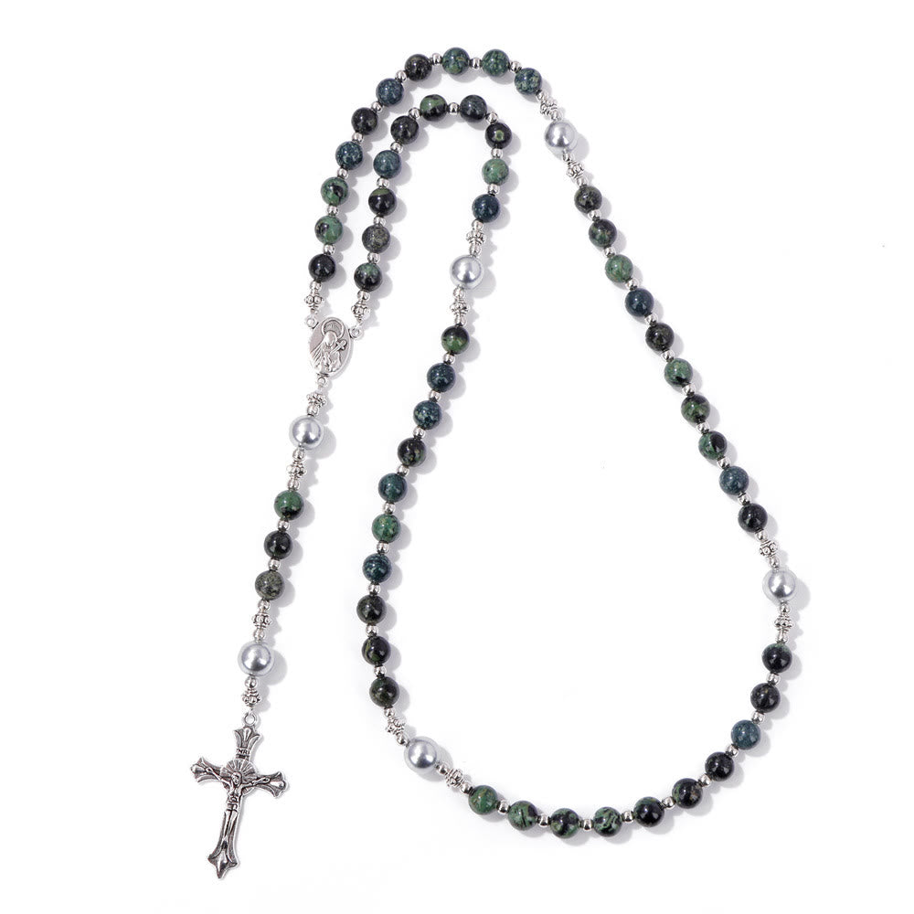 Christianartworkshop Natural Stone & Pearl Our Lady Medal Prayer Rosary - Sparrow Feather - image 10