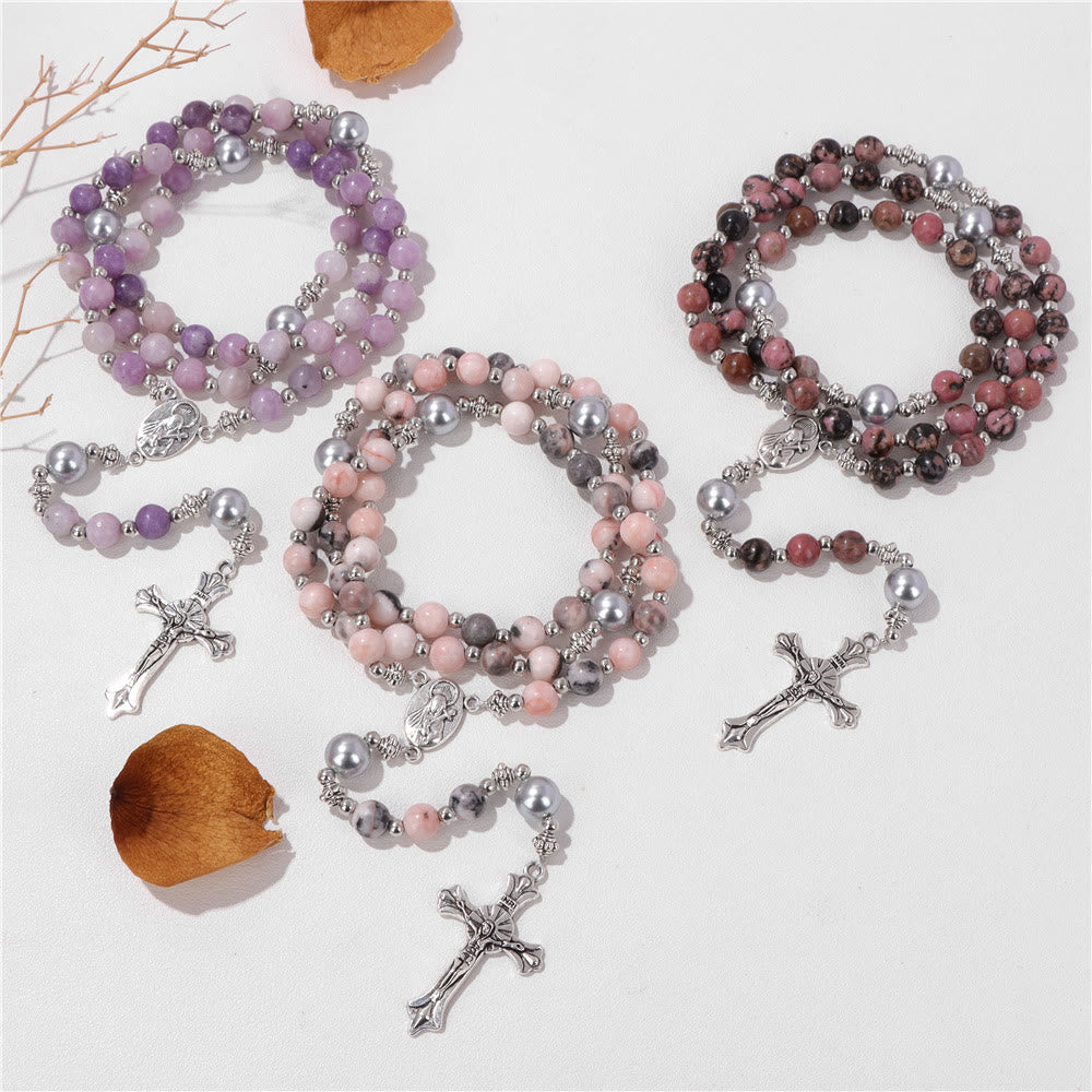 Christianartworkshop Natural Stone & Pearl Our Lady Medal Prayer Rosary - image 1